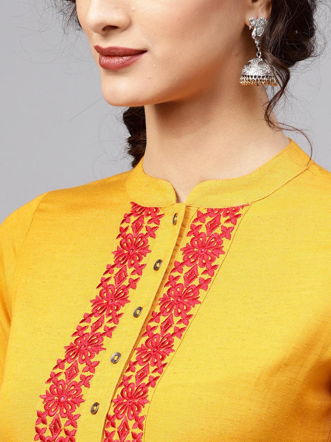 Yellow Embroidered Rayon Kurta