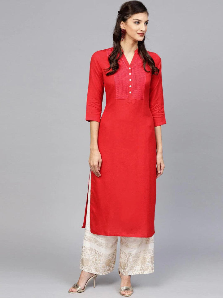 Red Embroidered Rayon Kurta - ShopLibas