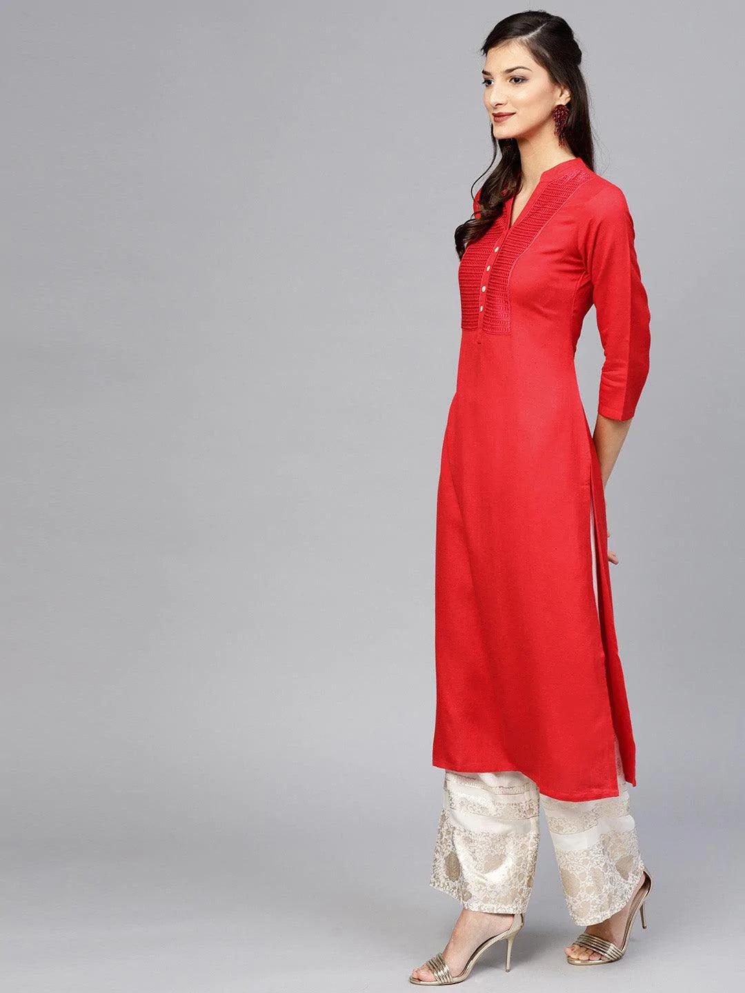 Red Embroidered Rayon Kurta - ShopLibas