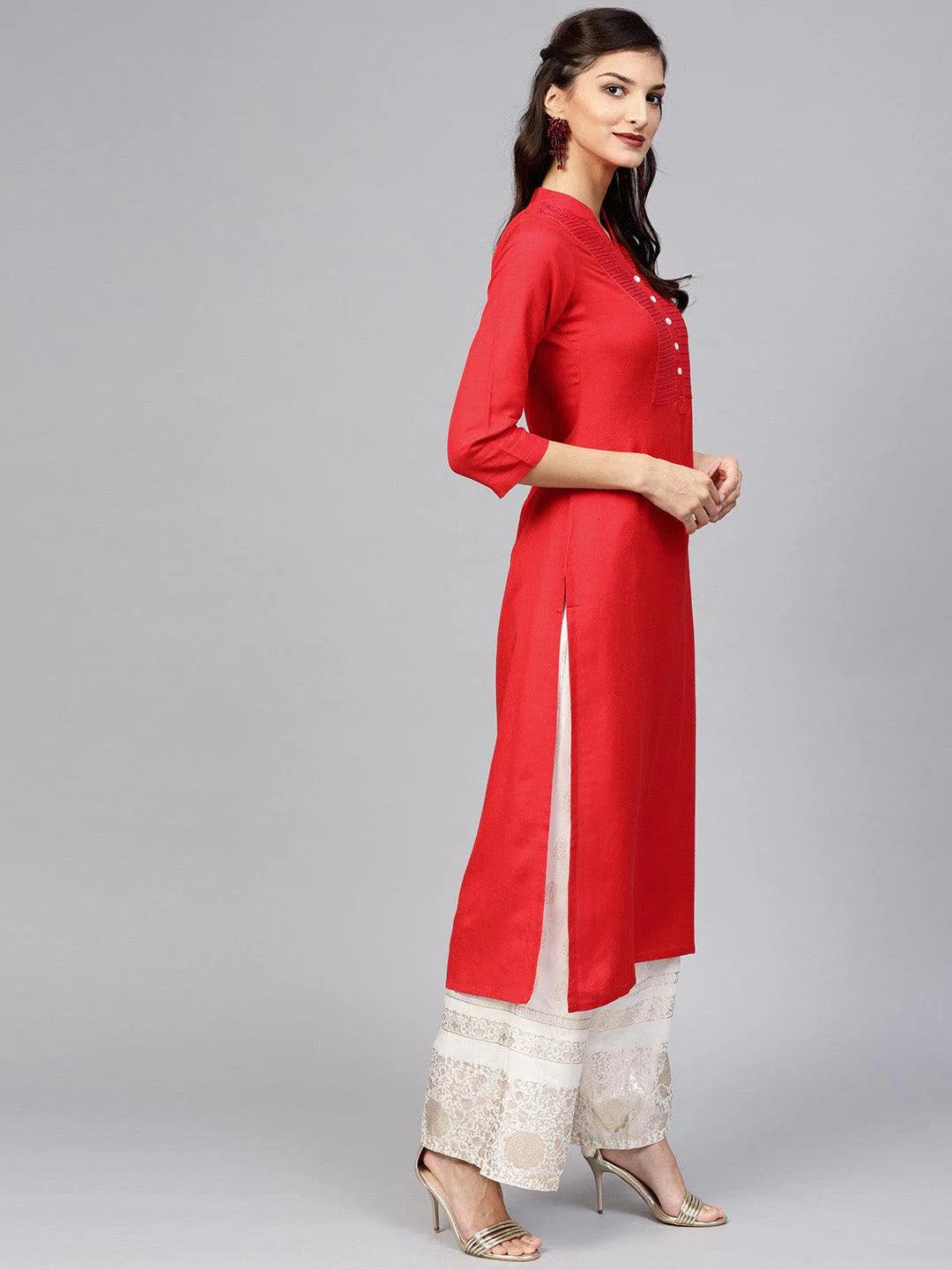 Red Embroidered Rayon Kurta - ShopLibas