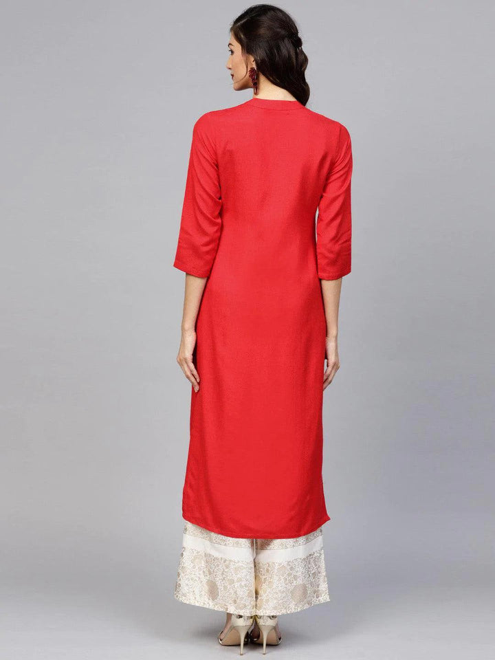 Red Embroidered Rayon Kurta - ShopLibas