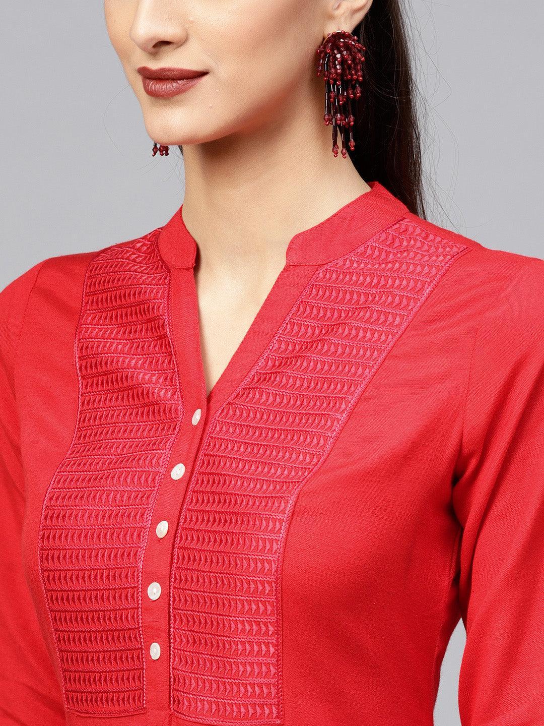 Red Embroidered Rayon Kurta - ShopLibas