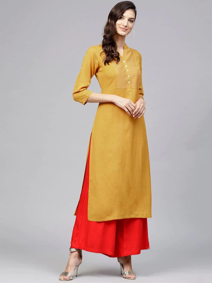 Yellow Embroidered Rayon Kurta - ShopLibas