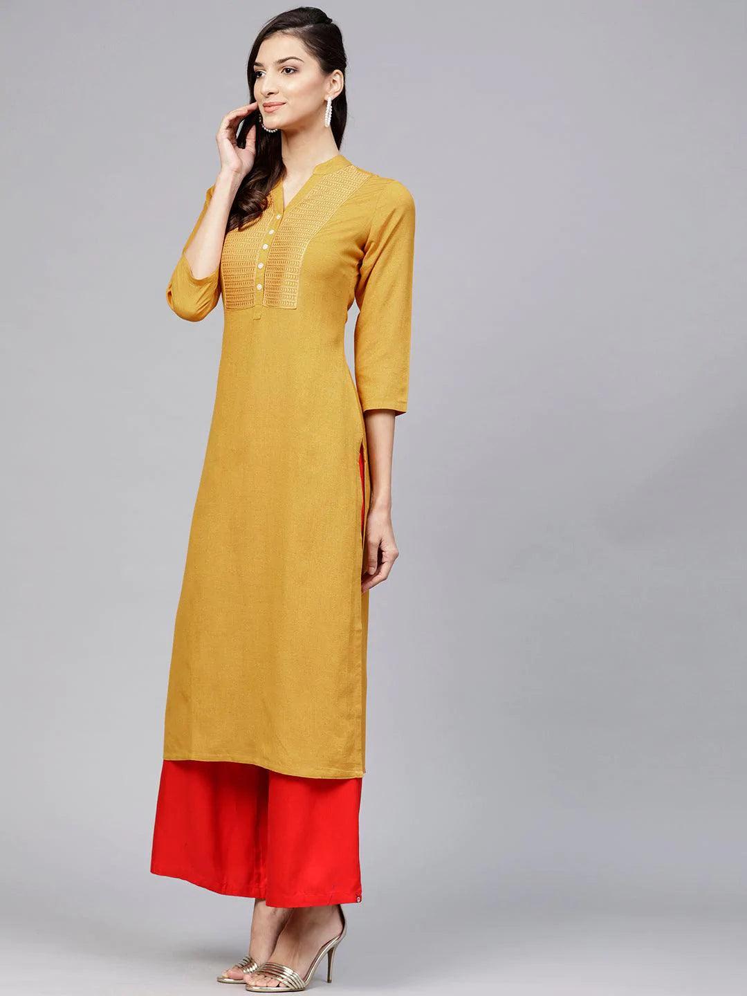 Yellow Embroidered Rayon Kurta - ShopLibas