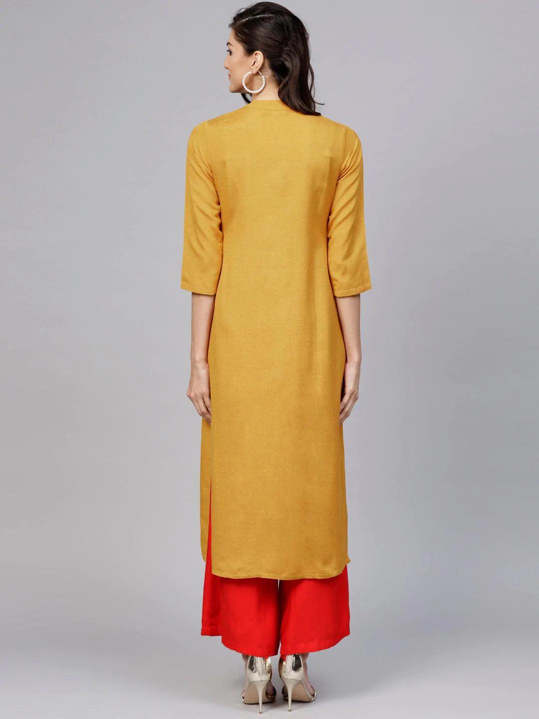 Yellow Embroidered Rayon Kurta - ShopLibas