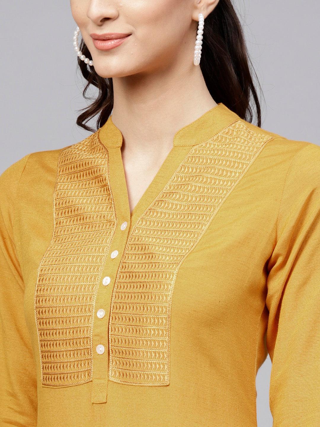 Yellow Embroidered Rayon Kurta - ShopLibas