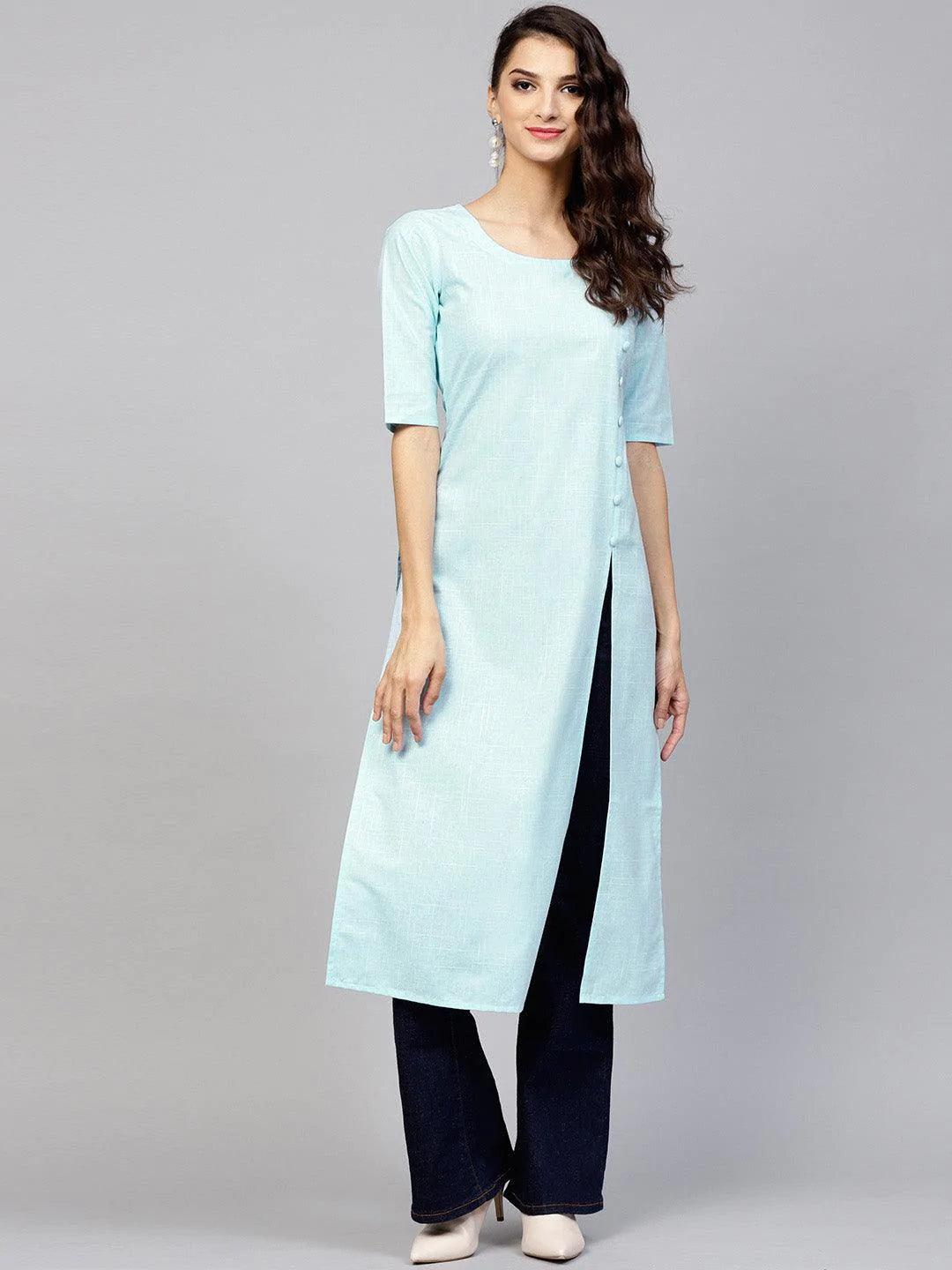 Blue Woven Design Cotton Kurta - ShopLibas