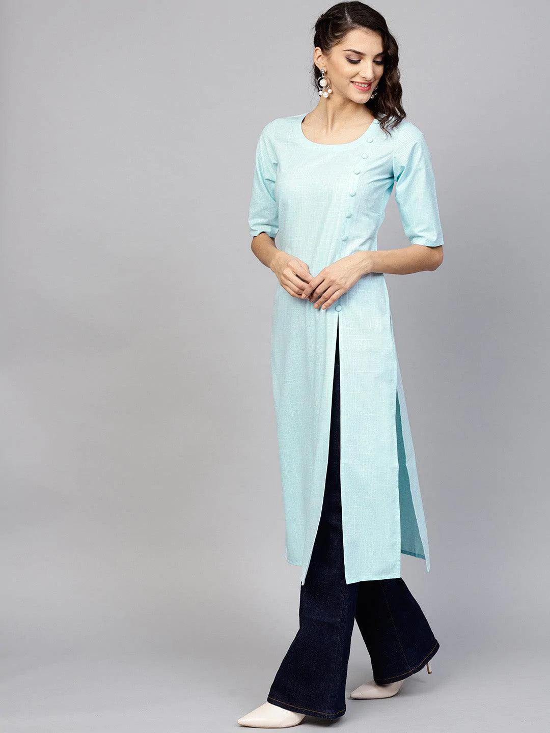 Blue Woven Design Cotton Kurta - ShopLibas