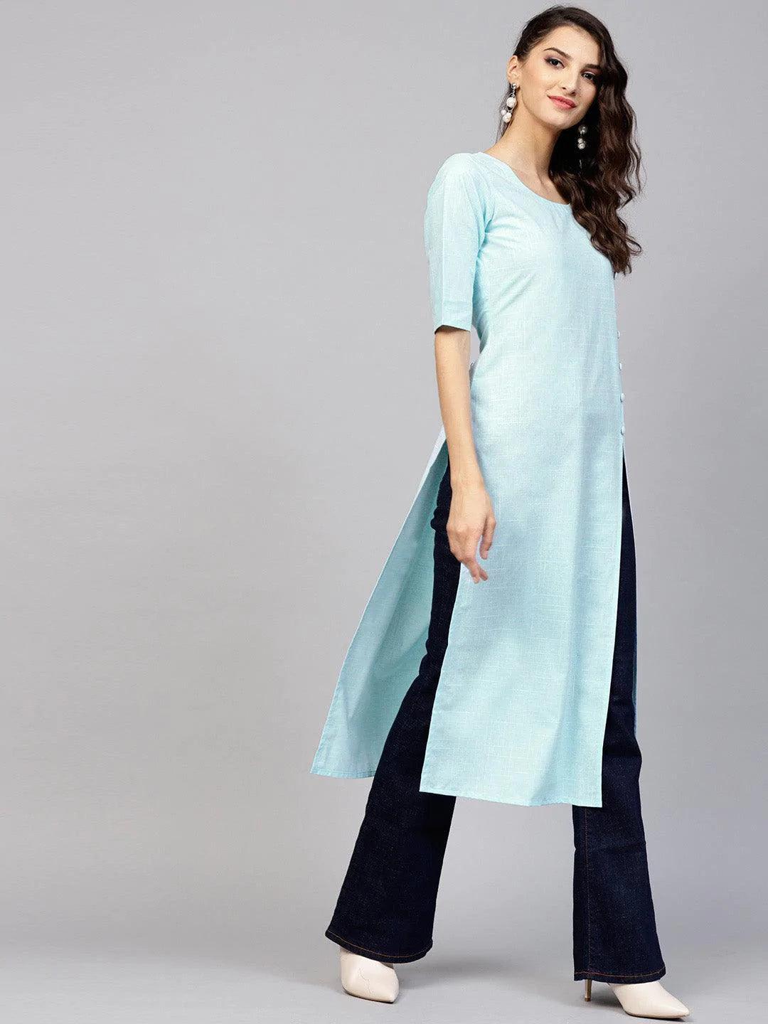 Blue Woven Design Cotton Kurta - ShopLibas