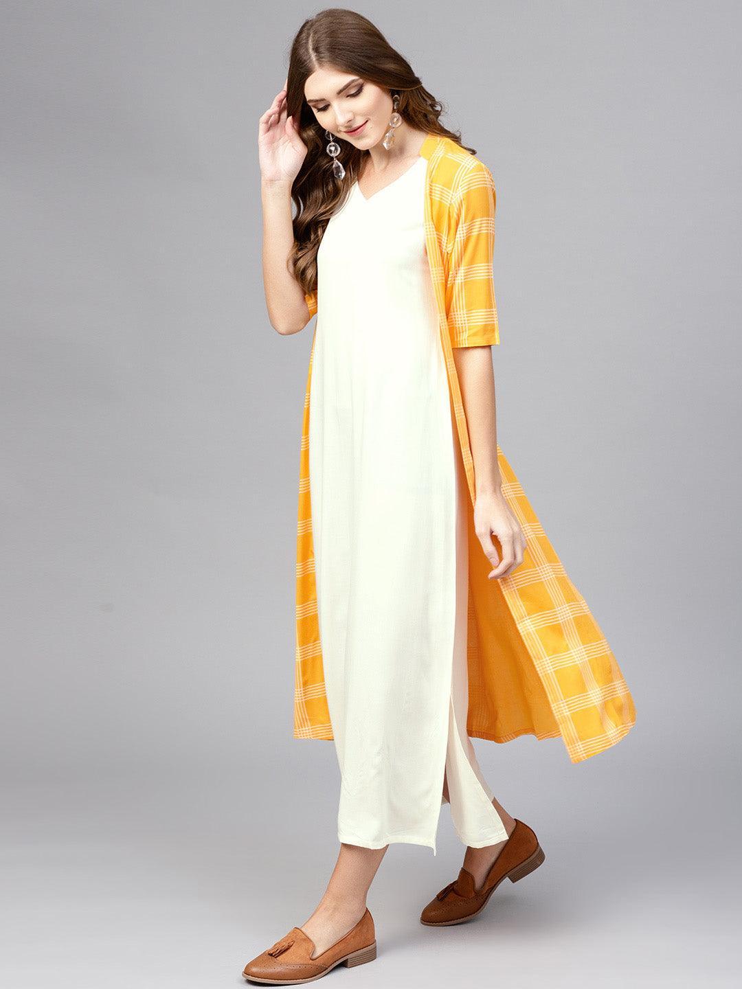 Orange Checkered Rayon Dress With Jacket