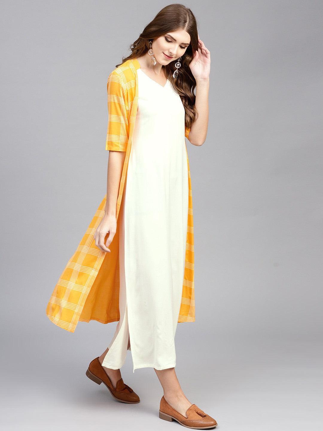 Orange Checkered Rayon Dress With Jacket