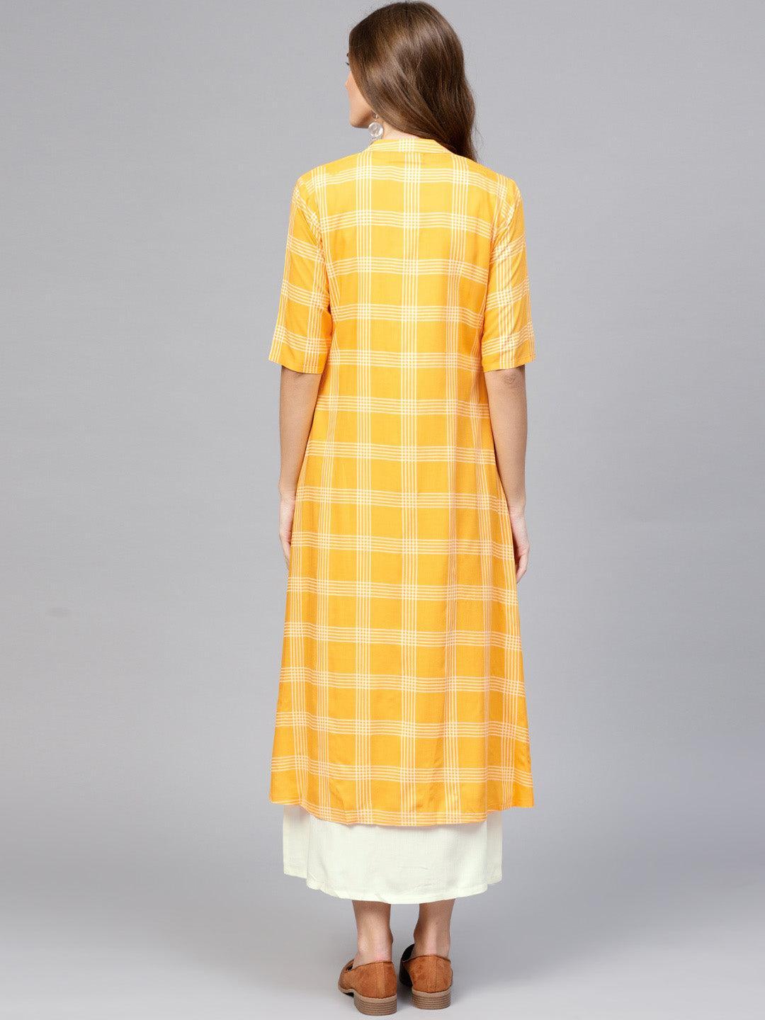 Orange Checkered Rayon Dress With Jacket