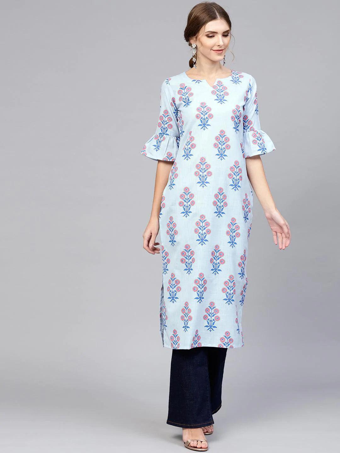 Blue Printed Cotton Kurta - ShopLibas