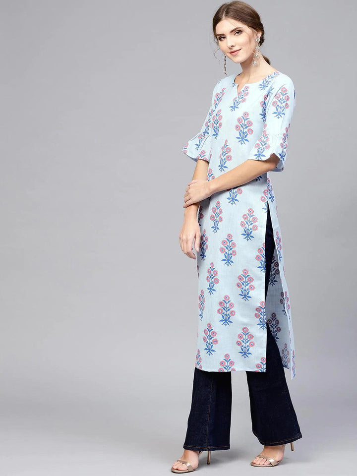 Blue Printed Cotton Kurta - ShopLibas