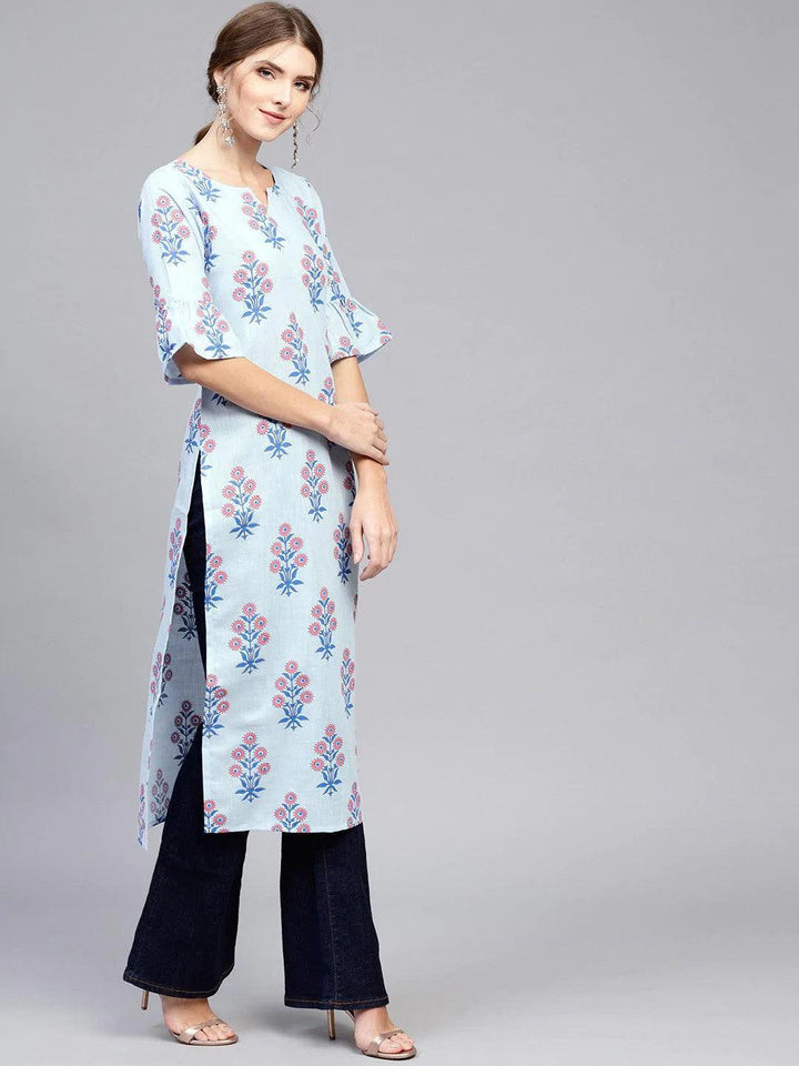 Blue Printed Cotton Kurta - ShopLibas