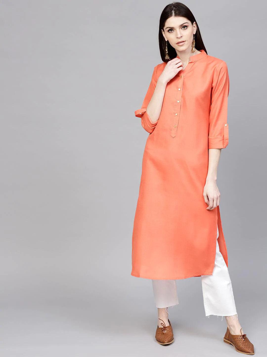 Orange Solid Cotton Kurta