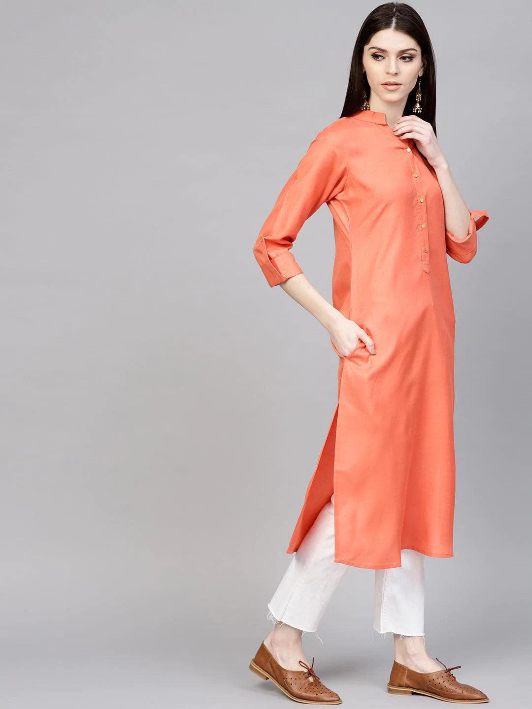 Orange Solid Cotton Kurta