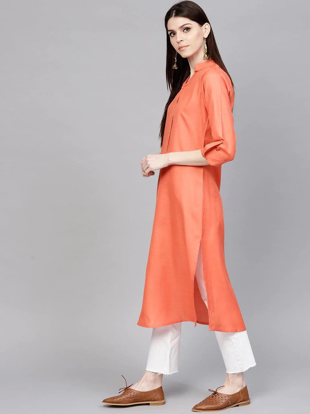 Orange Solid Cotton Kurta