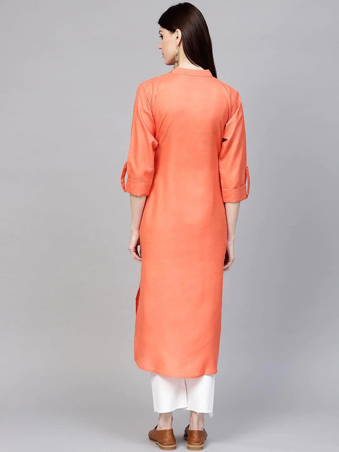 Orange Solid Cotton Kurta