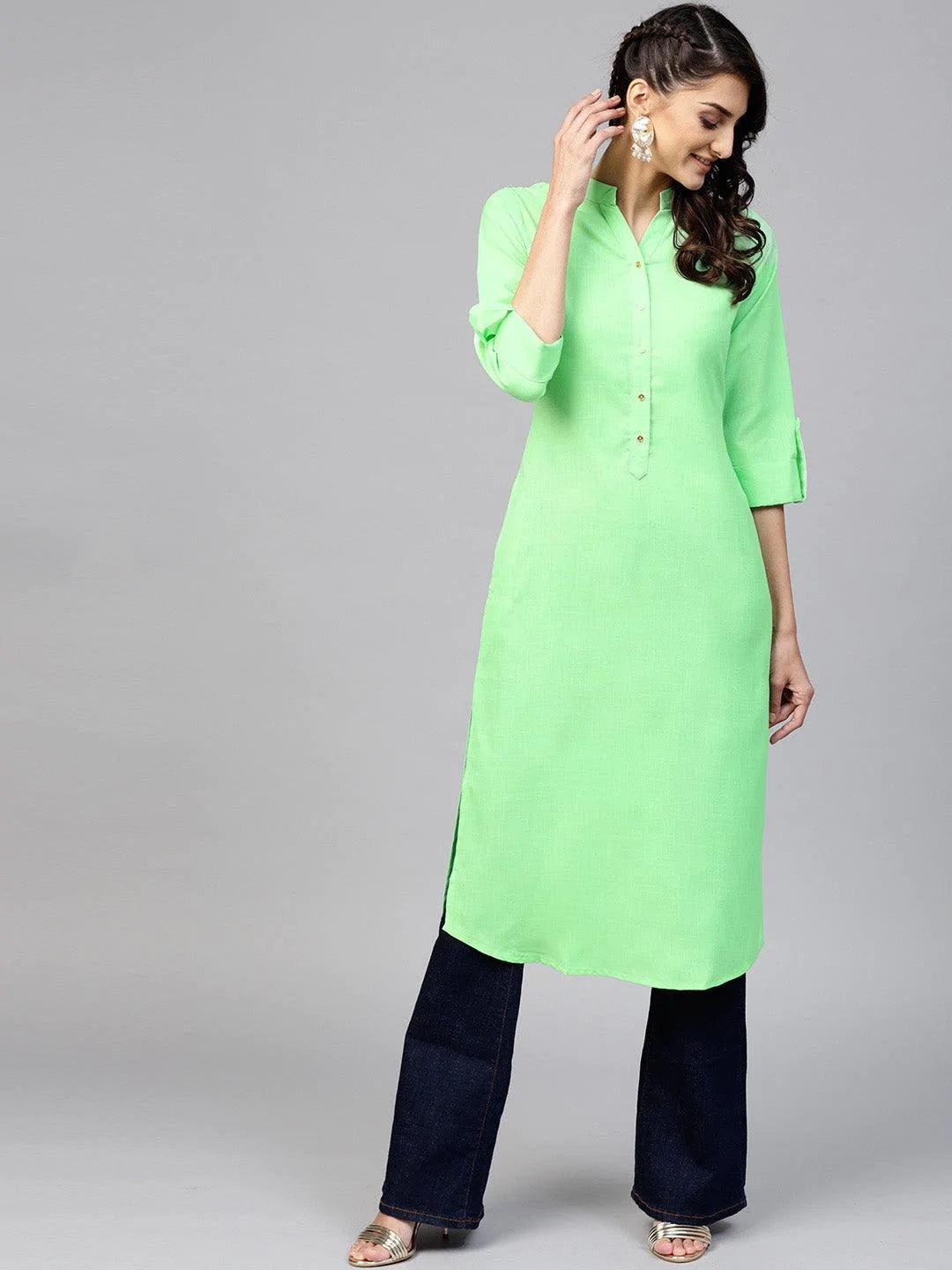 Green Solid Cotton Kurta