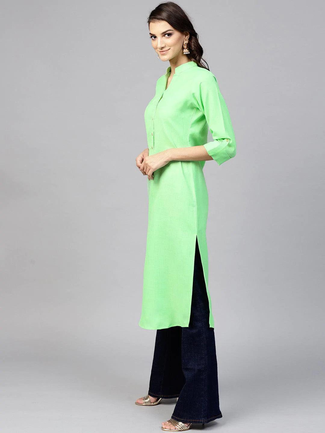 Green Solid Cotton Kurta