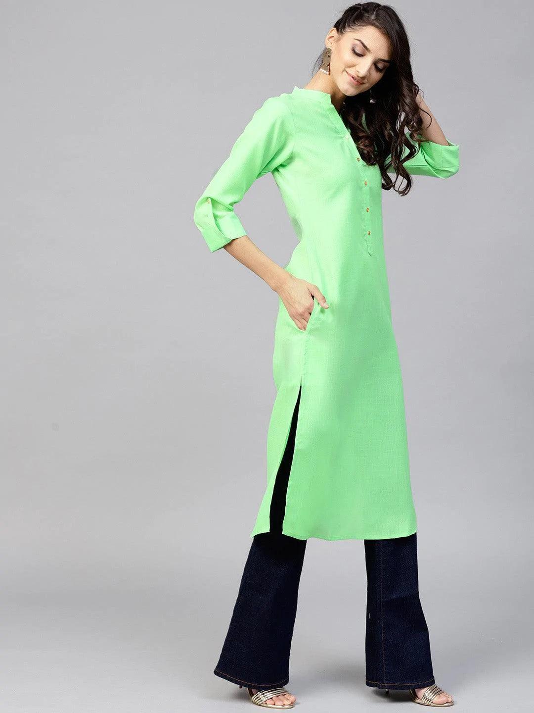 Green Solid Cotton Kurta - ShopLibas