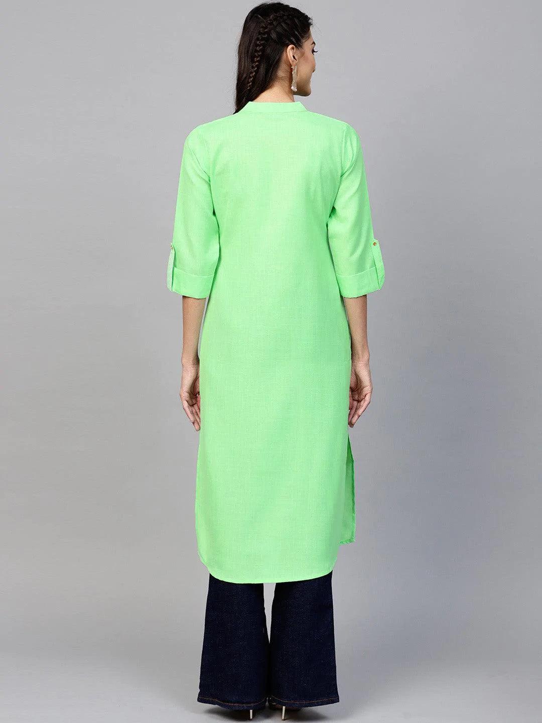 Green Solid Cotton Kurta - ShopLibas