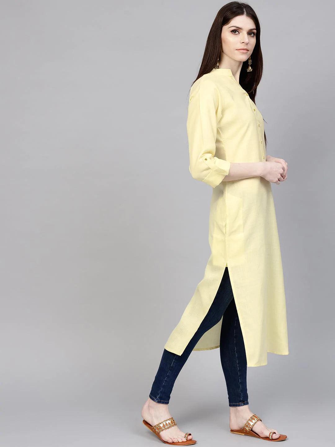 Yellow Solid Cotton Kurta