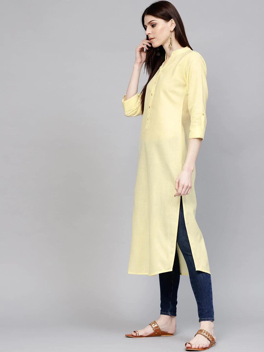 Yellow Solid Cotton Kurta