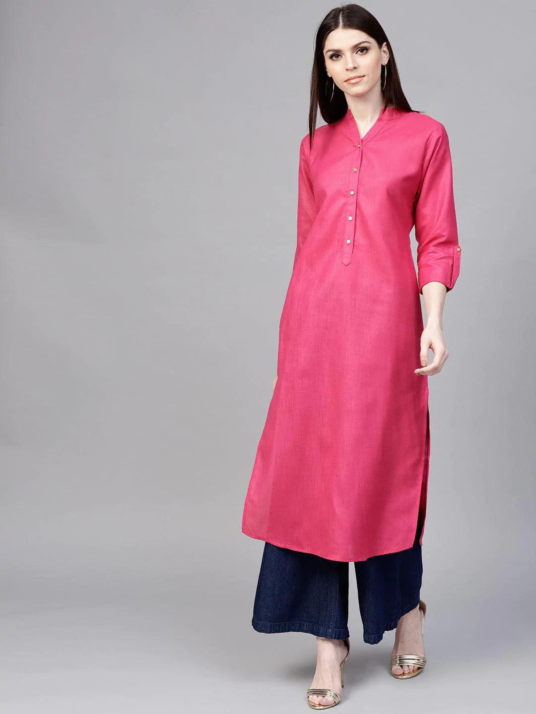 Pink Solid Cotton Kurta