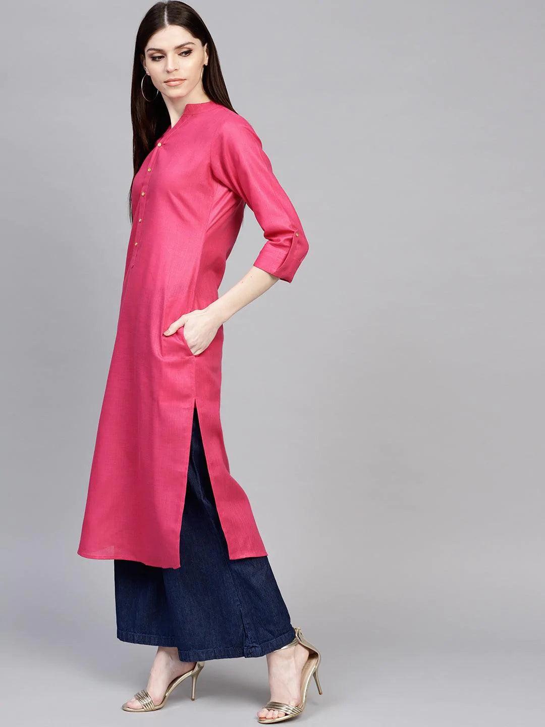 Pink Solid Cotton Kurta