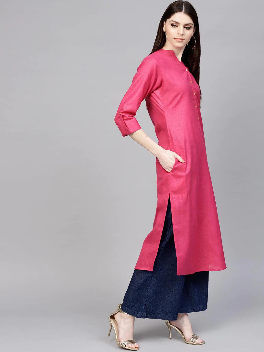 Pink Solid Cotton Kurta