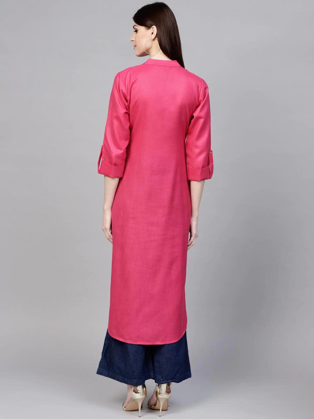 Pink Solid Cotton Kurta