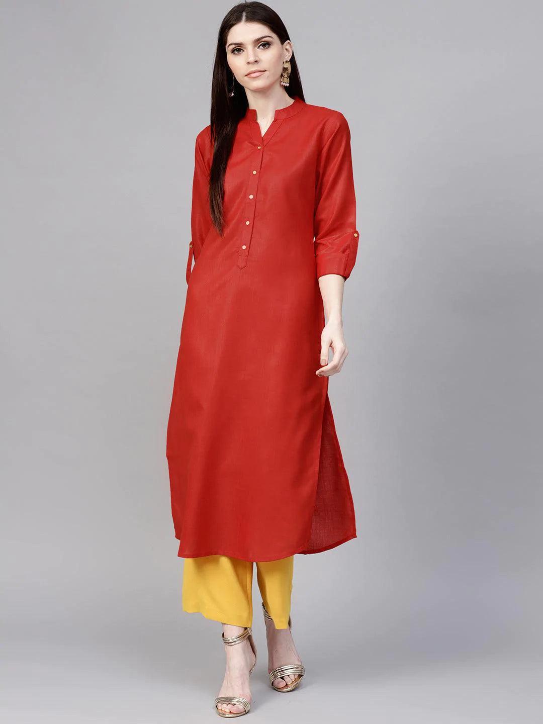 Red Solid Cotton Kurta