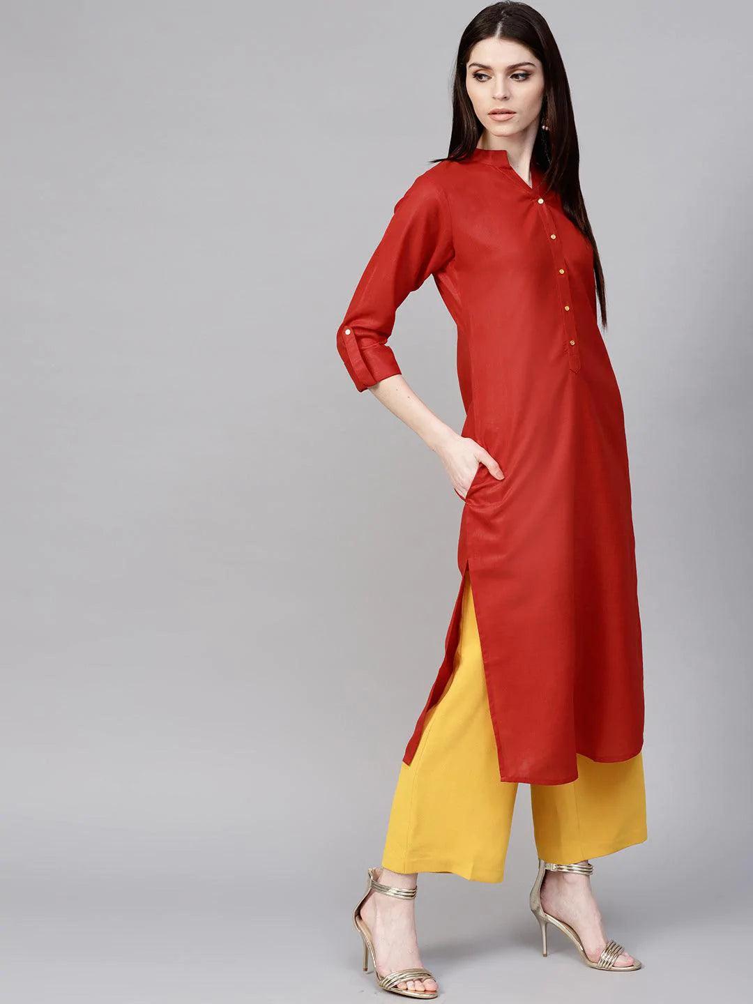 Red Solid Cotton Kurta