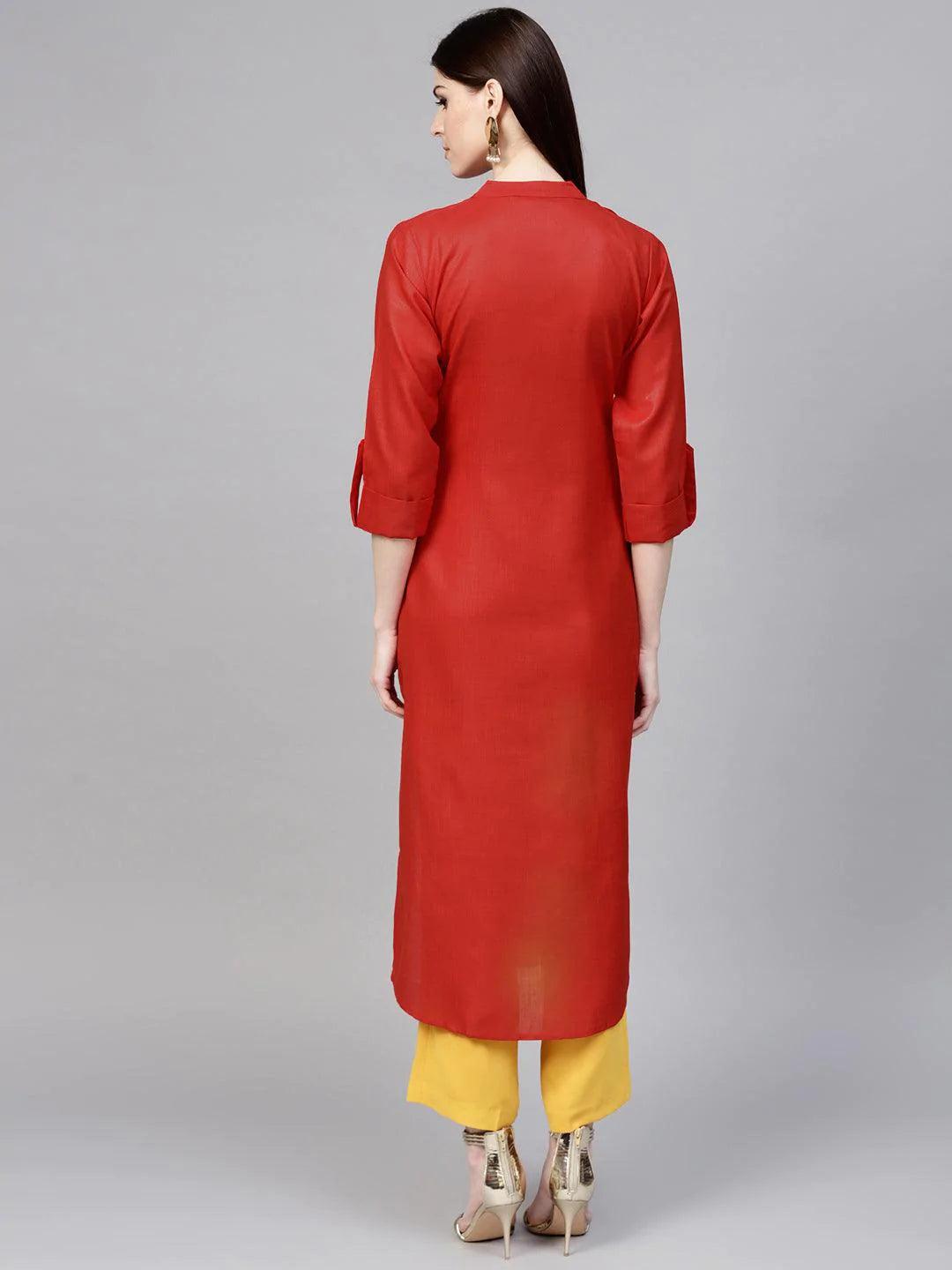 Red Solid Cotton Kurta