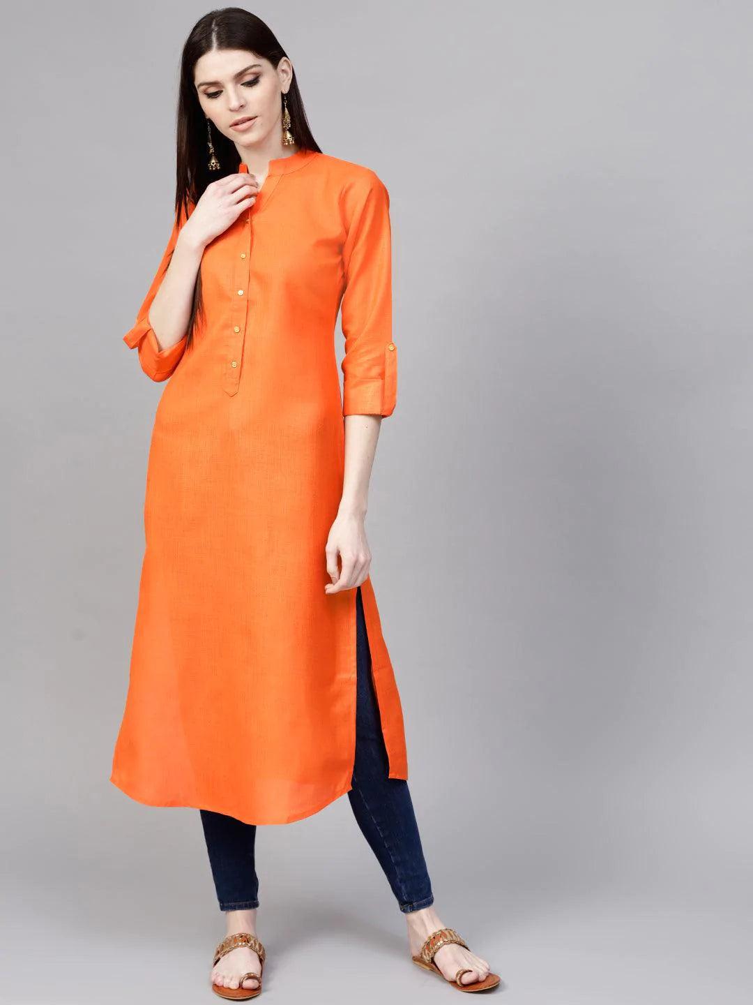 Orange Solid Cotton Kurta