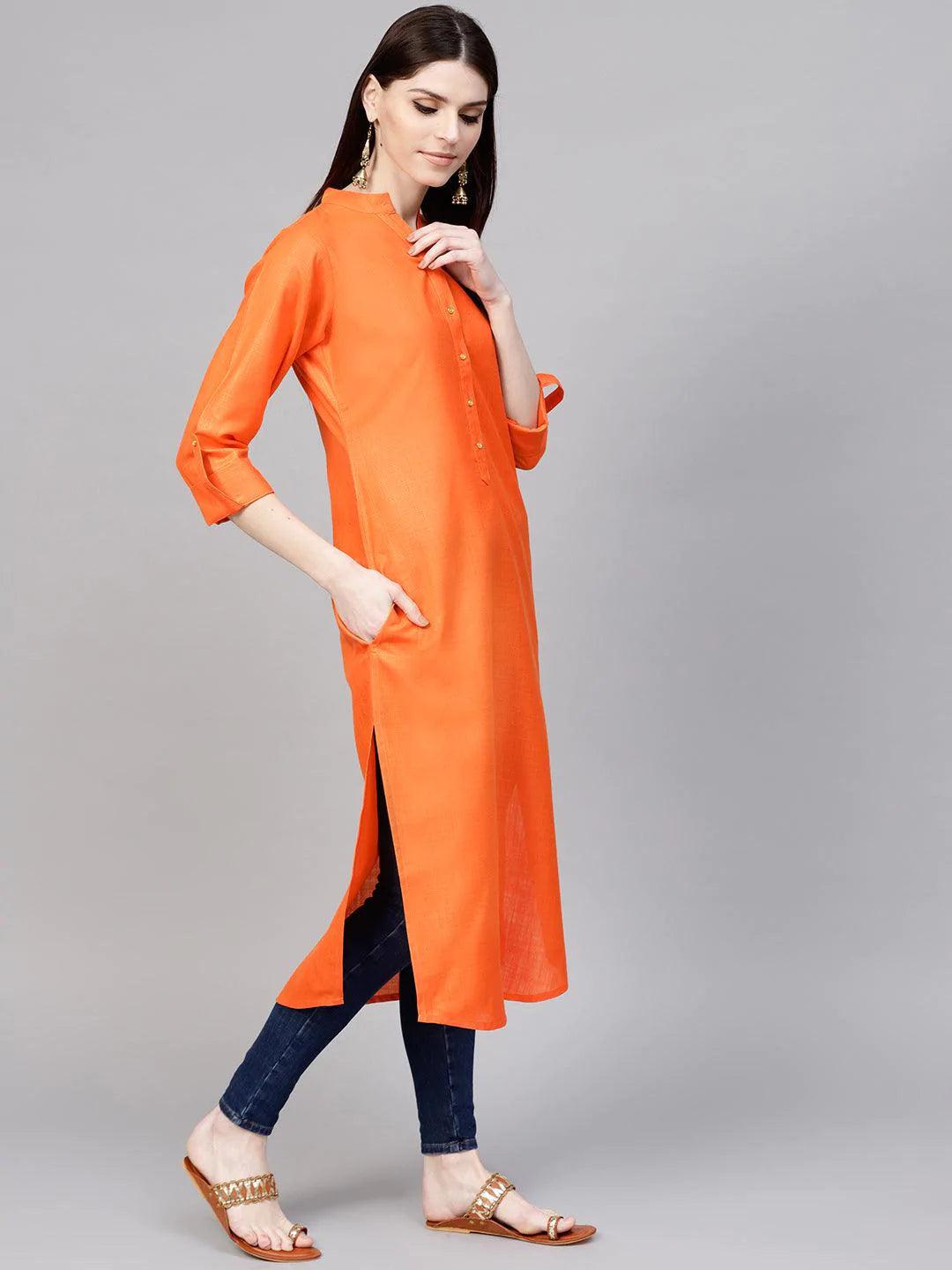 Orange Solid Cotton Kurta