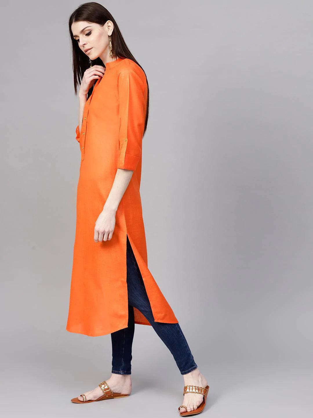 Orange Solid Cotton Kurta