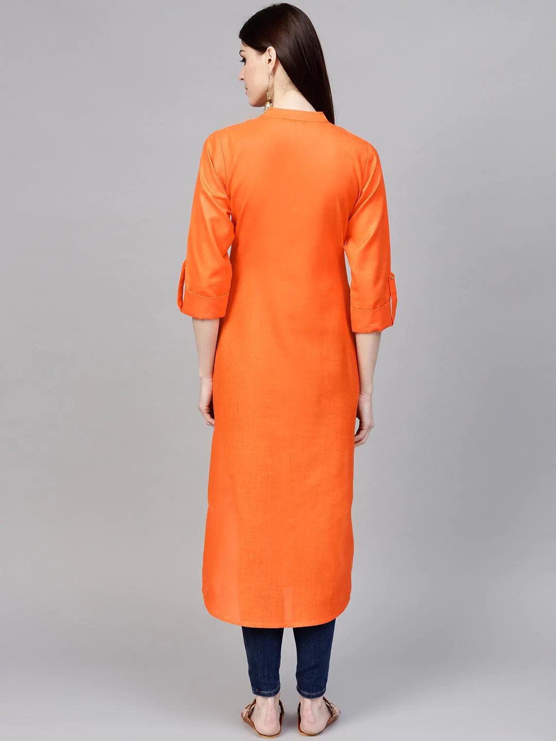 Orange Solid Cotton Kurta