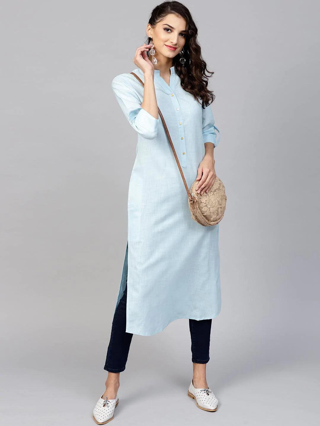 Blue Solid Cotton Kurta - ShopLibas