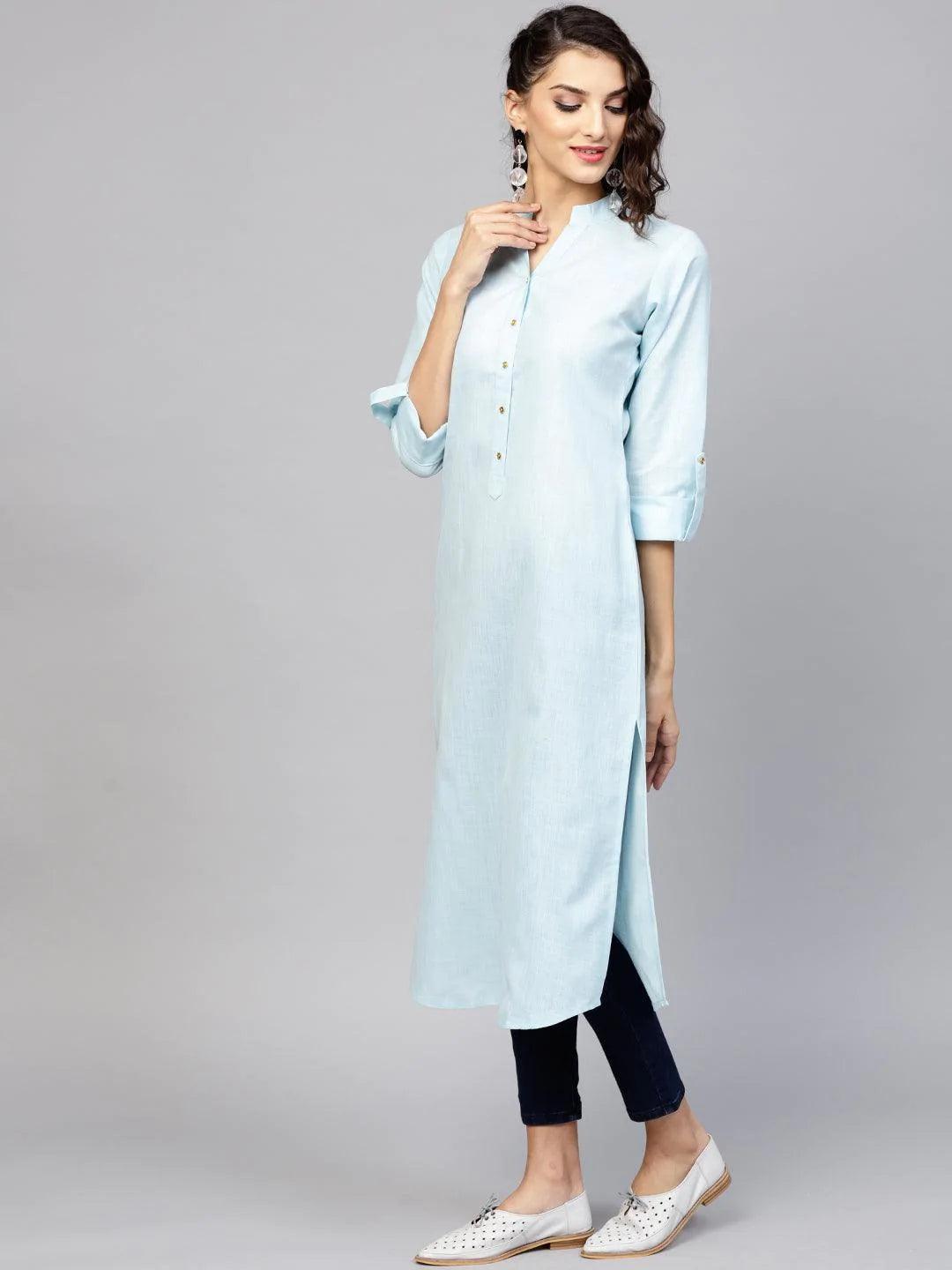 Blue Solid Cotton Kurta