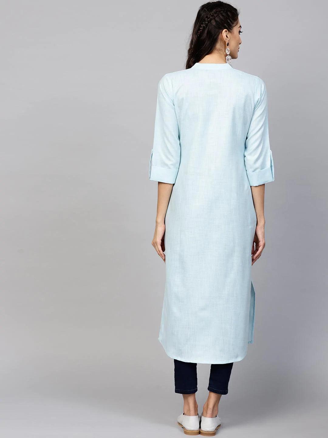 Blue Solid Cotton Kurta