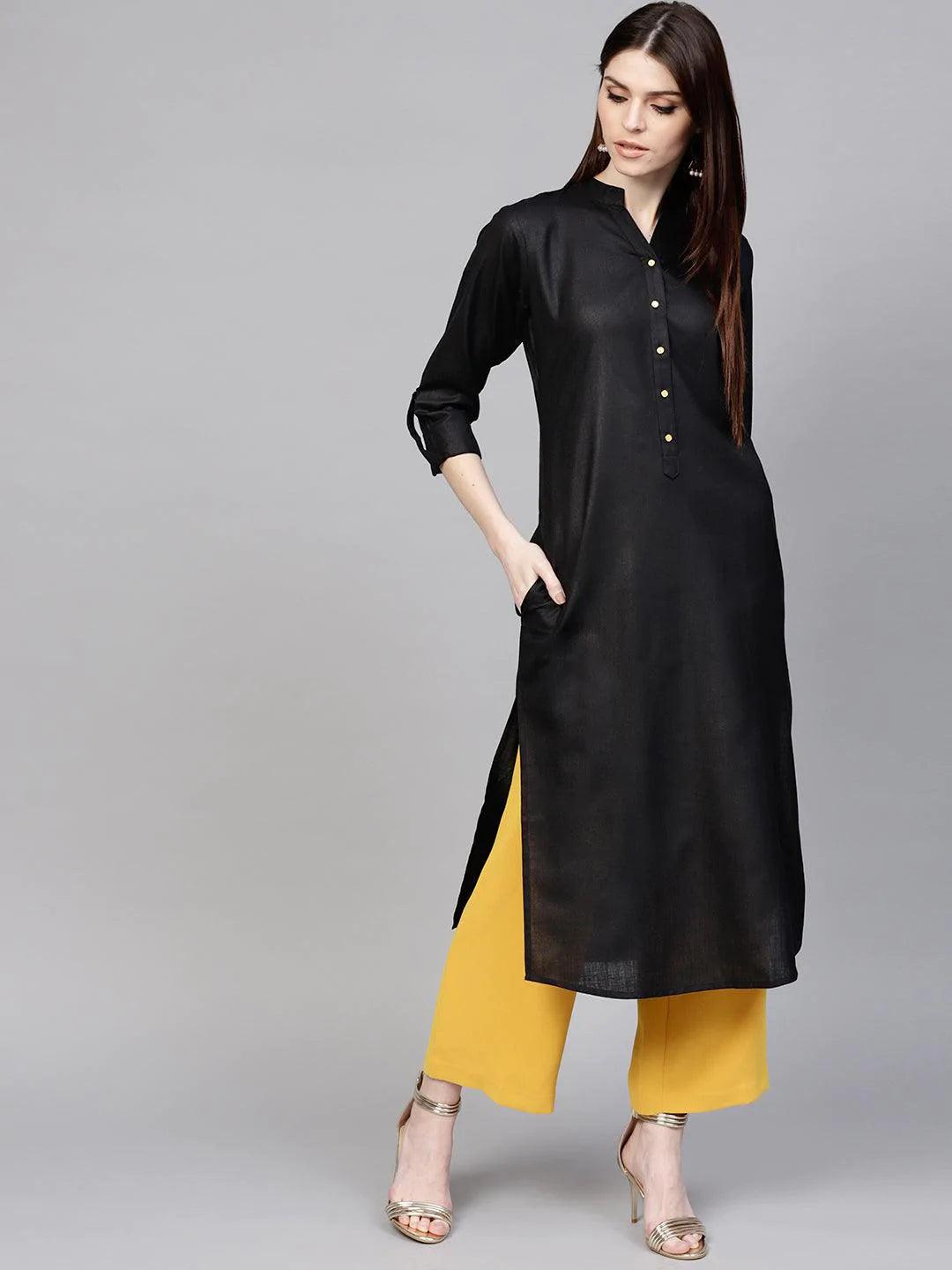 Black Solid Cotton Kurta