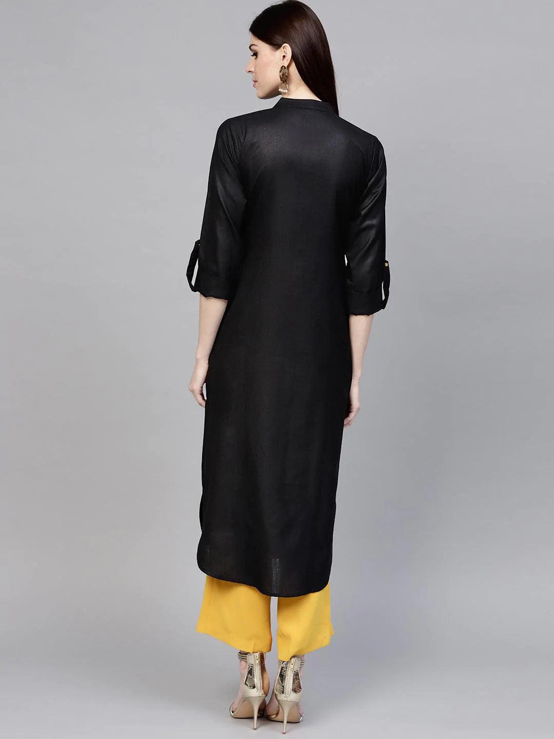 Black Solid Cotton Kurta