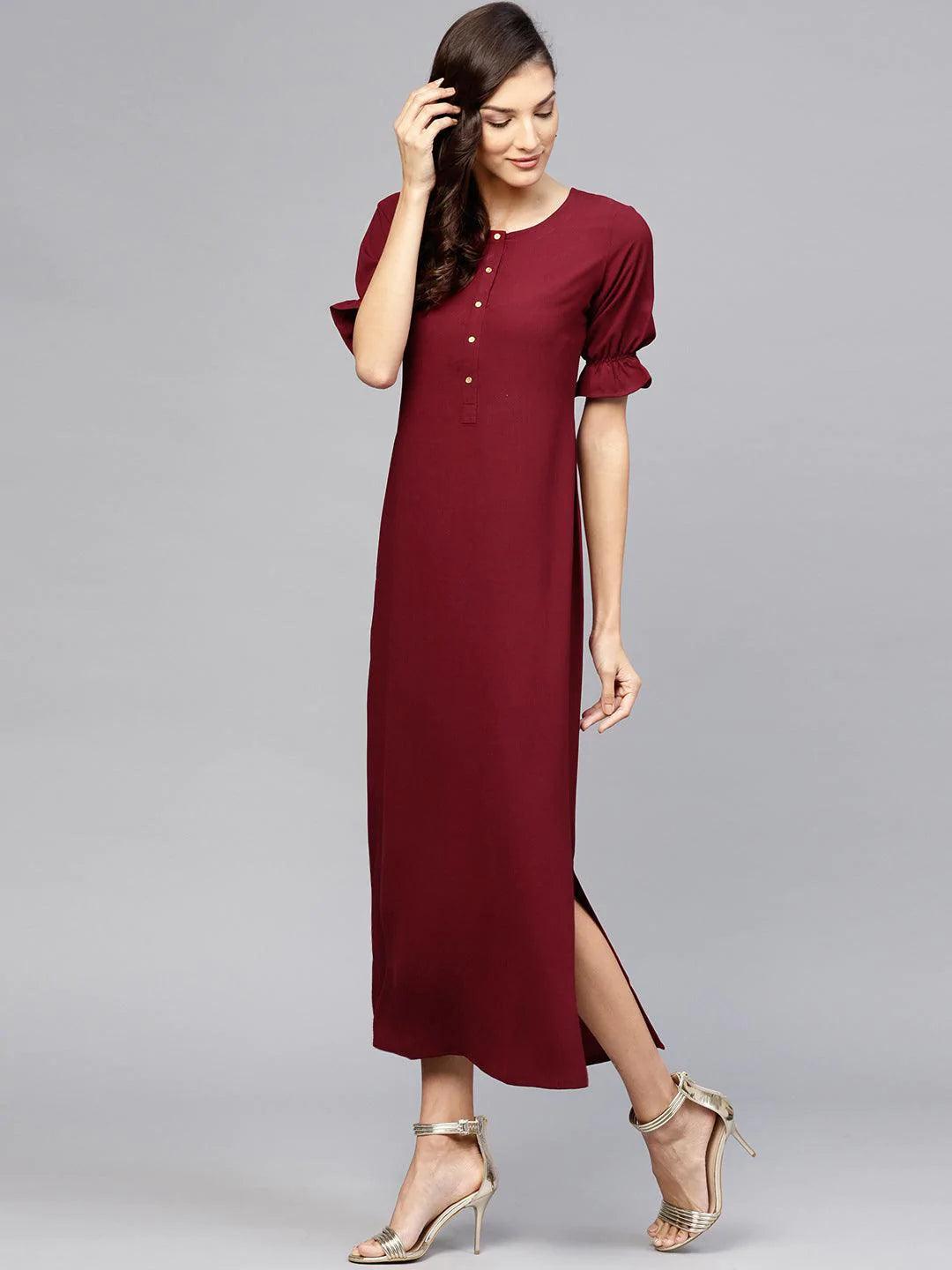 Maroon Solid Georgette Dress - ShopLibas