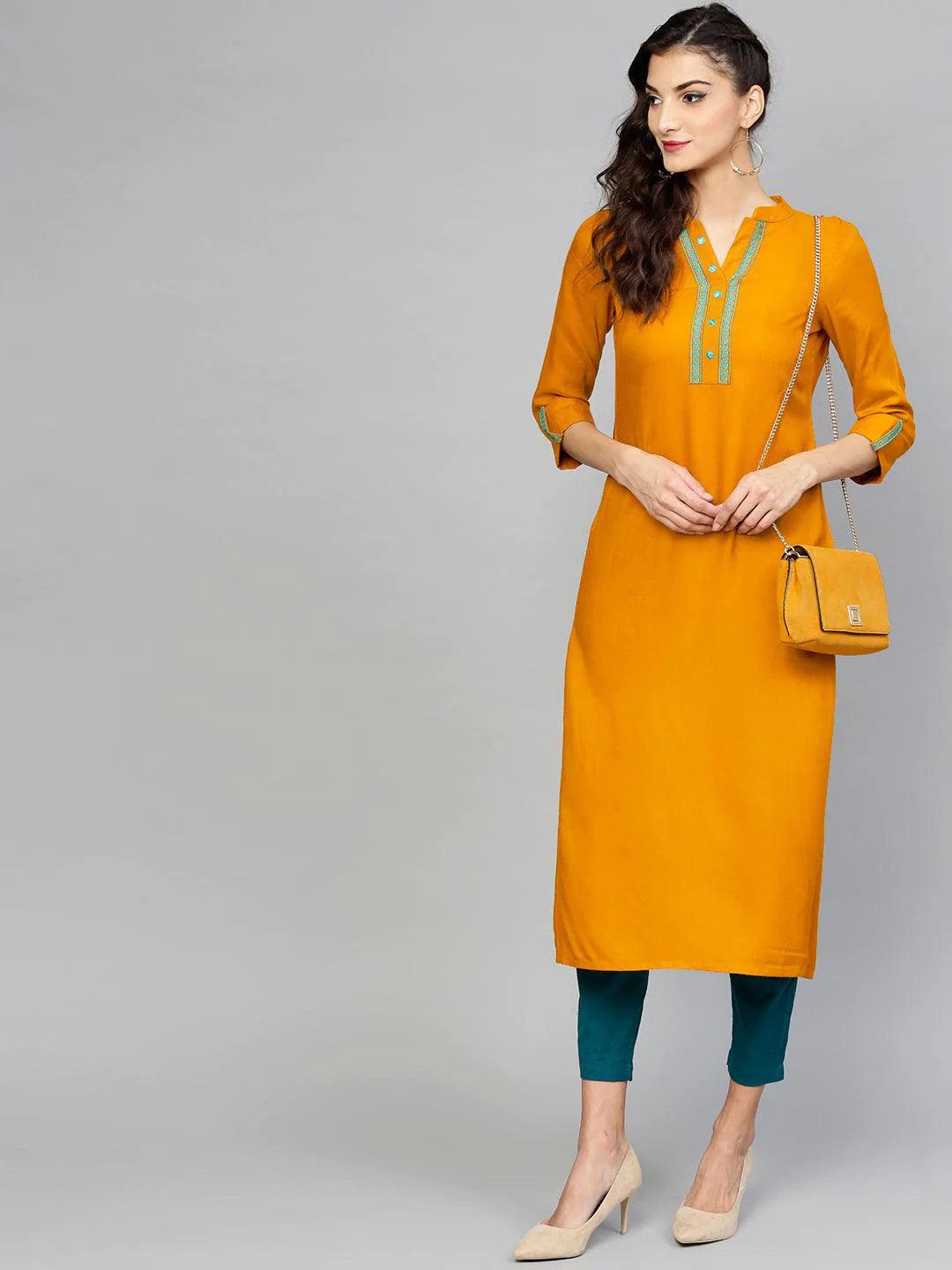 Yellow Embroidered Rayon Kurta