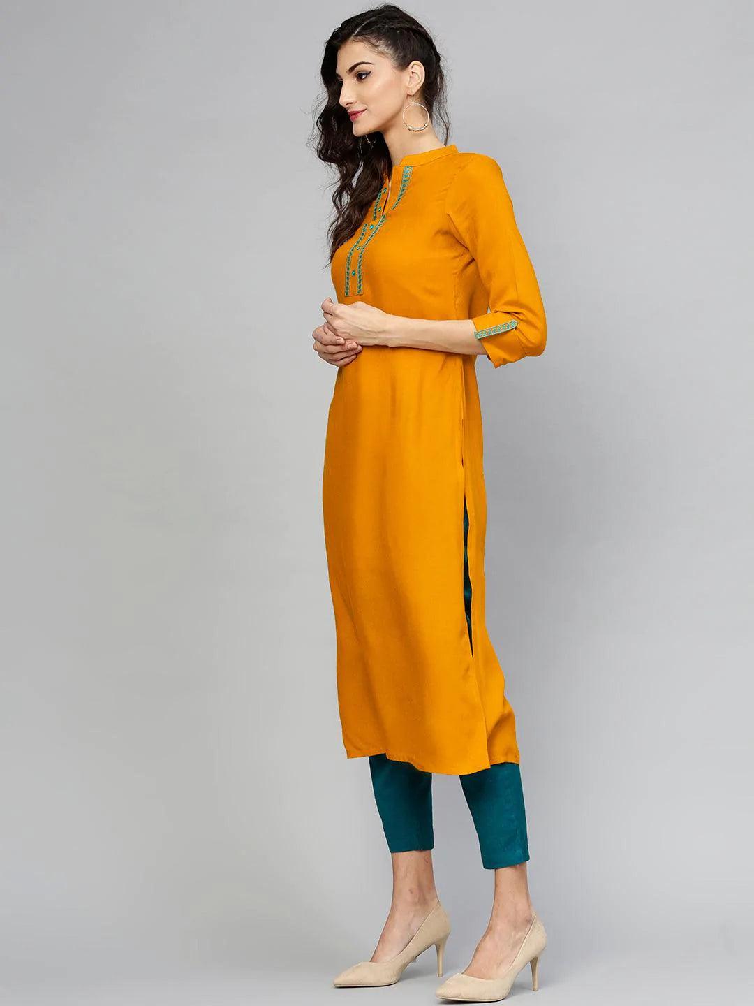 Yellow Embroidered Rayon Kurta