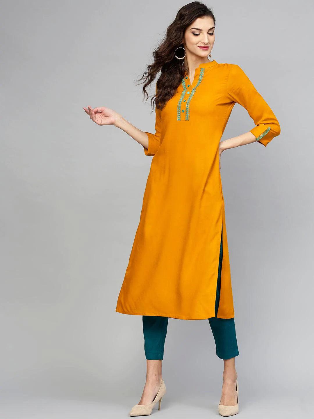 Yellow Embroidered Rayon Kurta