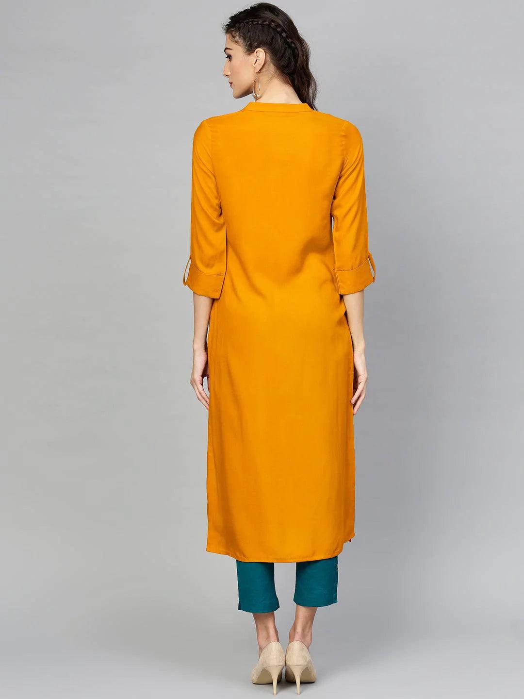 Yellow Embroidered Rayon Kurta